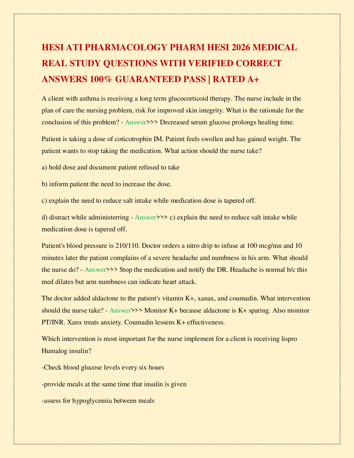 Recommended document preview for HESI ATI PHARMACOLOGY PHARM HESI 2026 MEDICAL REAL STUDY QUESTIONS WITH VERIFIED CORRECT ANSWERS 100% GUARANTEED PASS | RATED A+