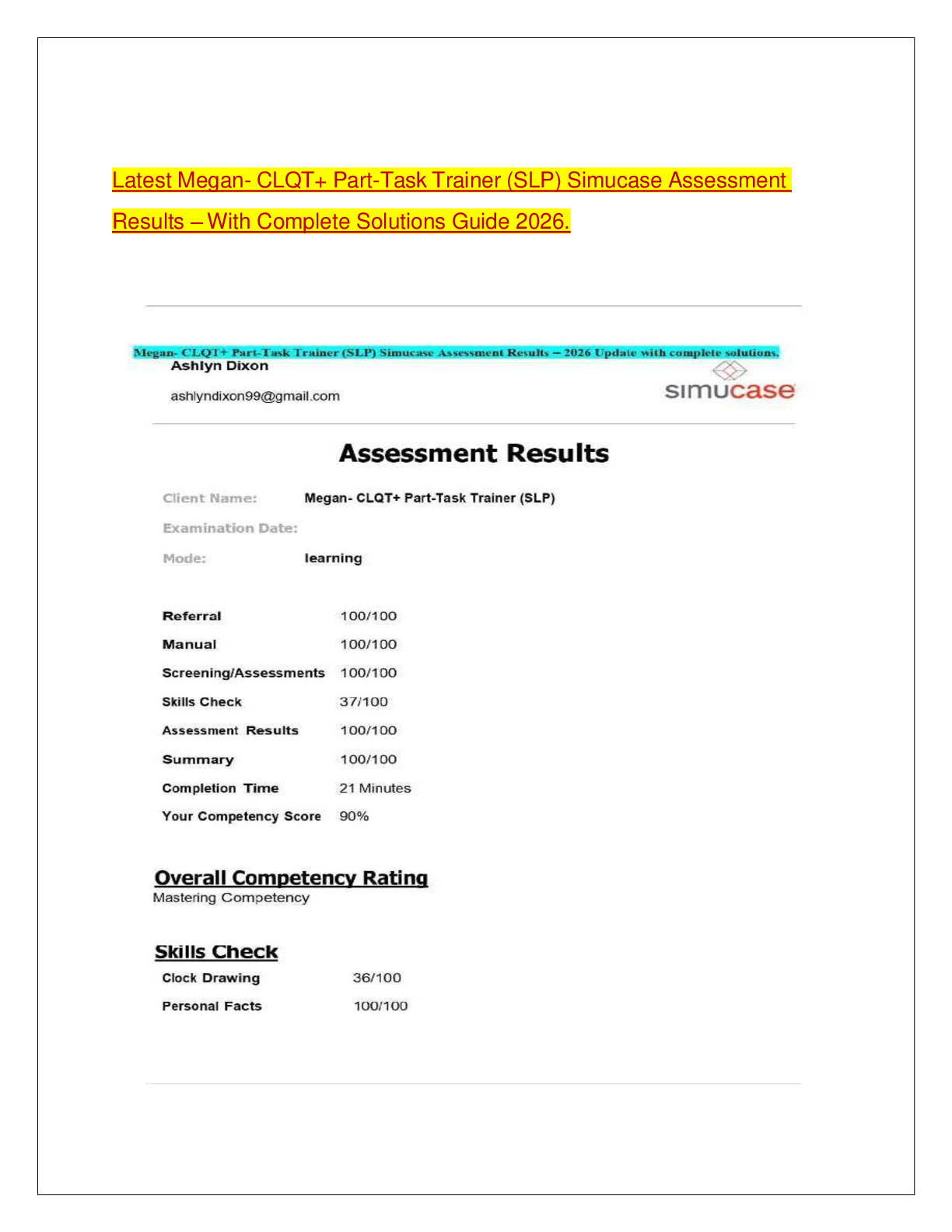 Recommended document preview for Latest Megan- CLQT+ Part-Task Trainer (SLP) Simucase Assessment Results – With Complete Solutions Guide 2026.