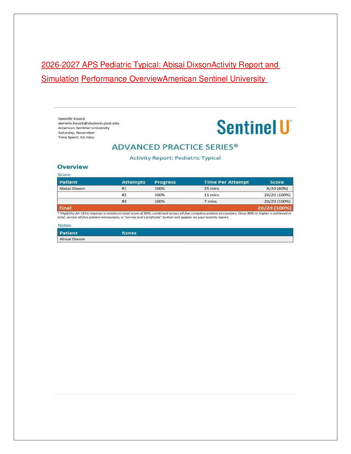 Preview of 2026-2027 APS Pediatric Typical: Abisai DixsonActivity Report and Simulation Performance O