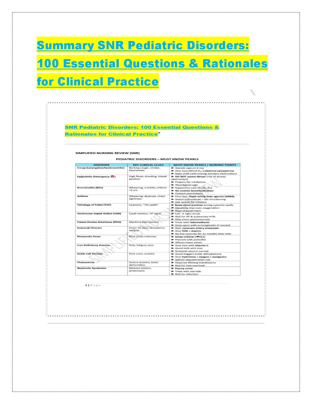 Recommended document preview for Summary SNR Pediatric Disorders:  100 Essential Questions & Rationales  for Clinical Practice