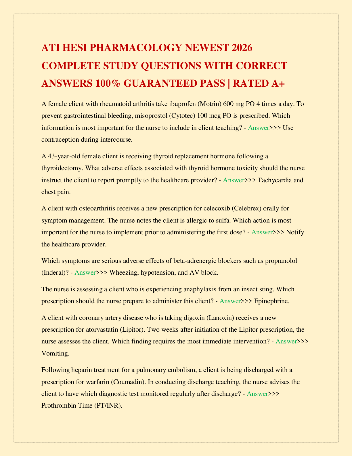 Recommended document preview for ATI HESI PHARMACOLOGY NEWEST 2026 COMPLETE STUDY QUESTIONS WITH CORRECT ANSWERS 100% GUARANTEED PASS | RATED A+
