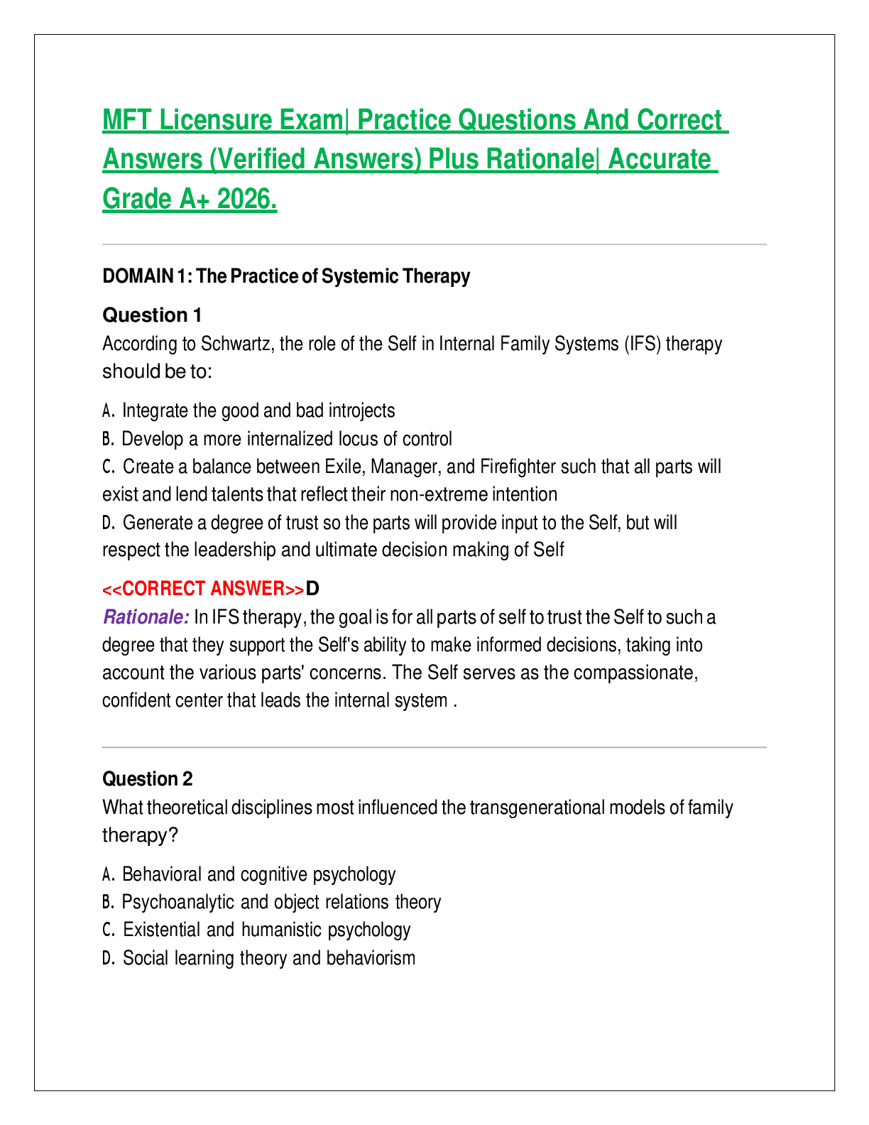 Recommended document preview for MFT Licensure Exam| Practice Questions And Correct Answers (Verified Answers) Plus Rationale| Accurate Grade A+ 2026.