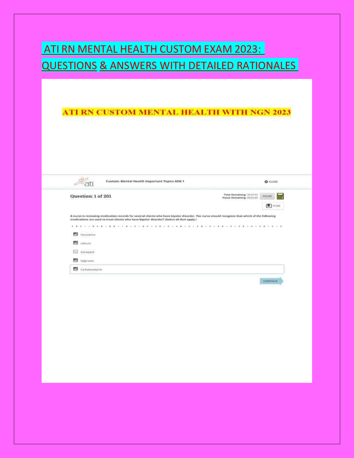 Preview of ATI RN MENTAL HEALTH CUSTOM EXAM 2023: QUESTIONS & ANSWERS WITH DETAILED RATIONALES