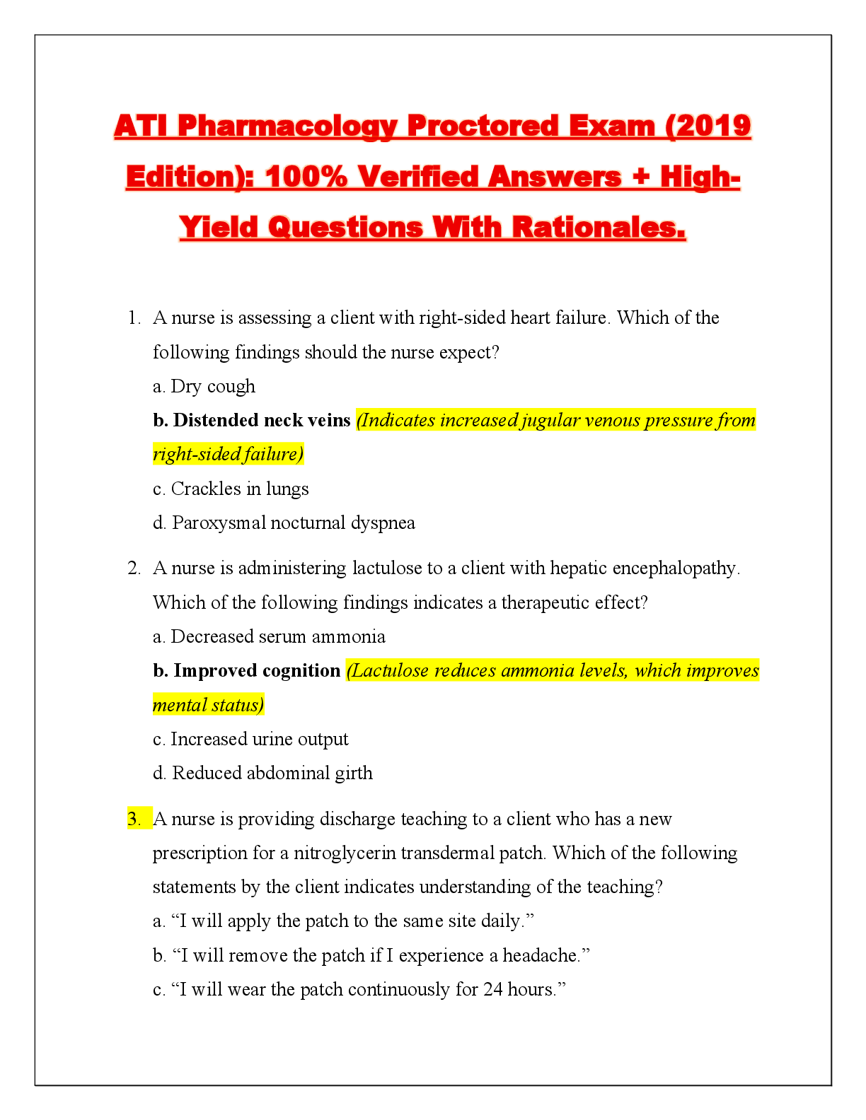 Preview of ATI Pharmacology Proctored Exam (2019  Edition): 100% Verified Answers + High Yield Questi