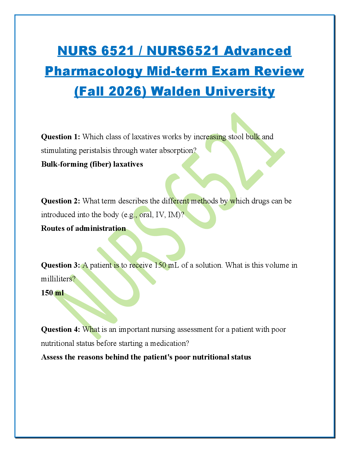 Recommended document preview for NURS 6521 / NURS6521 Advanced Pharmacology Mid-term Exam Review (Fall 2026) Walden University