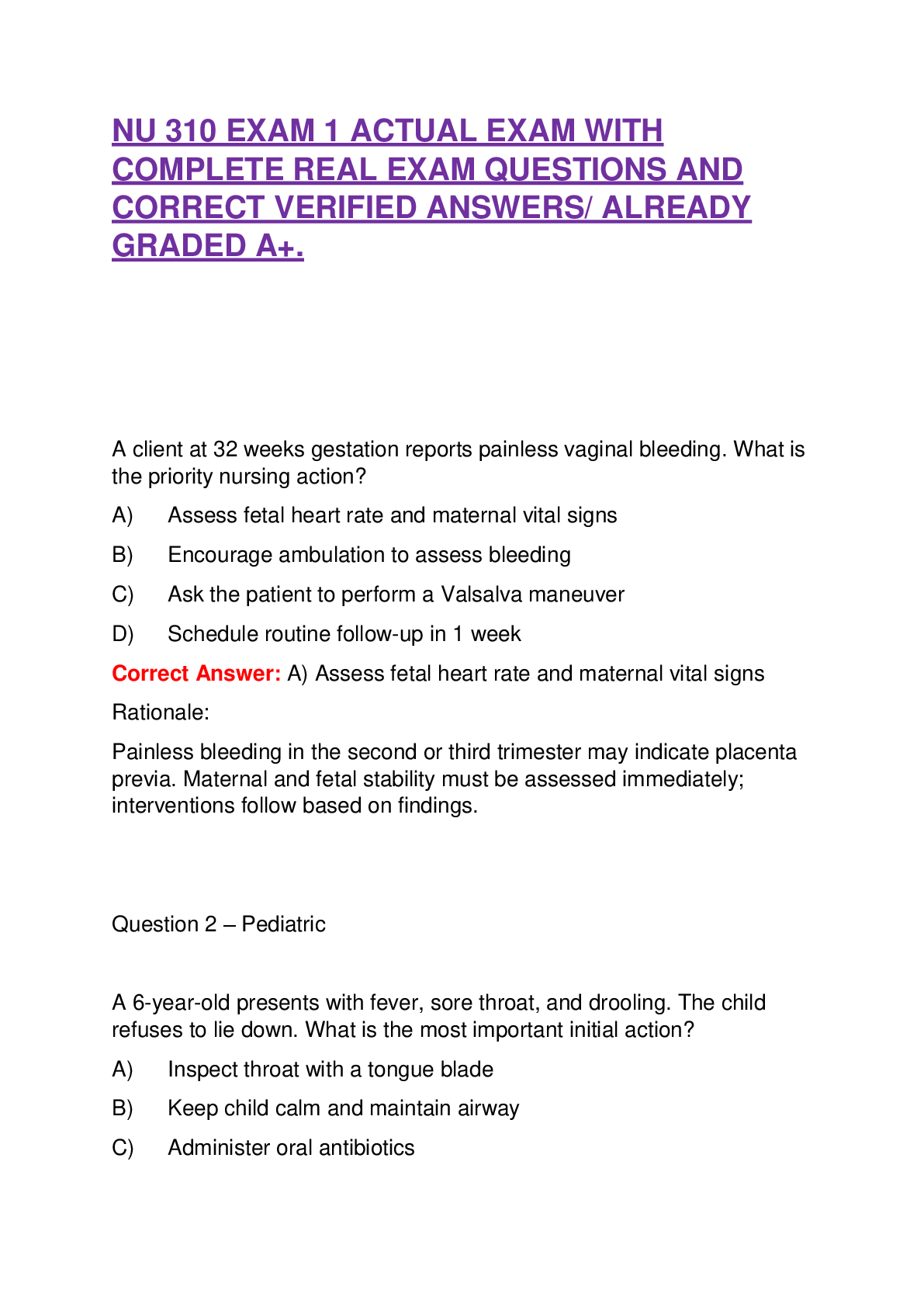 Recommended document preview for NU 310 EXAM 1 ACTUAL EXAM WITH COMPLETE REAL EXAM QUESTIONS AND CORRECT VERIFIED ANSWERS/ ALREADY GRADED A+.
