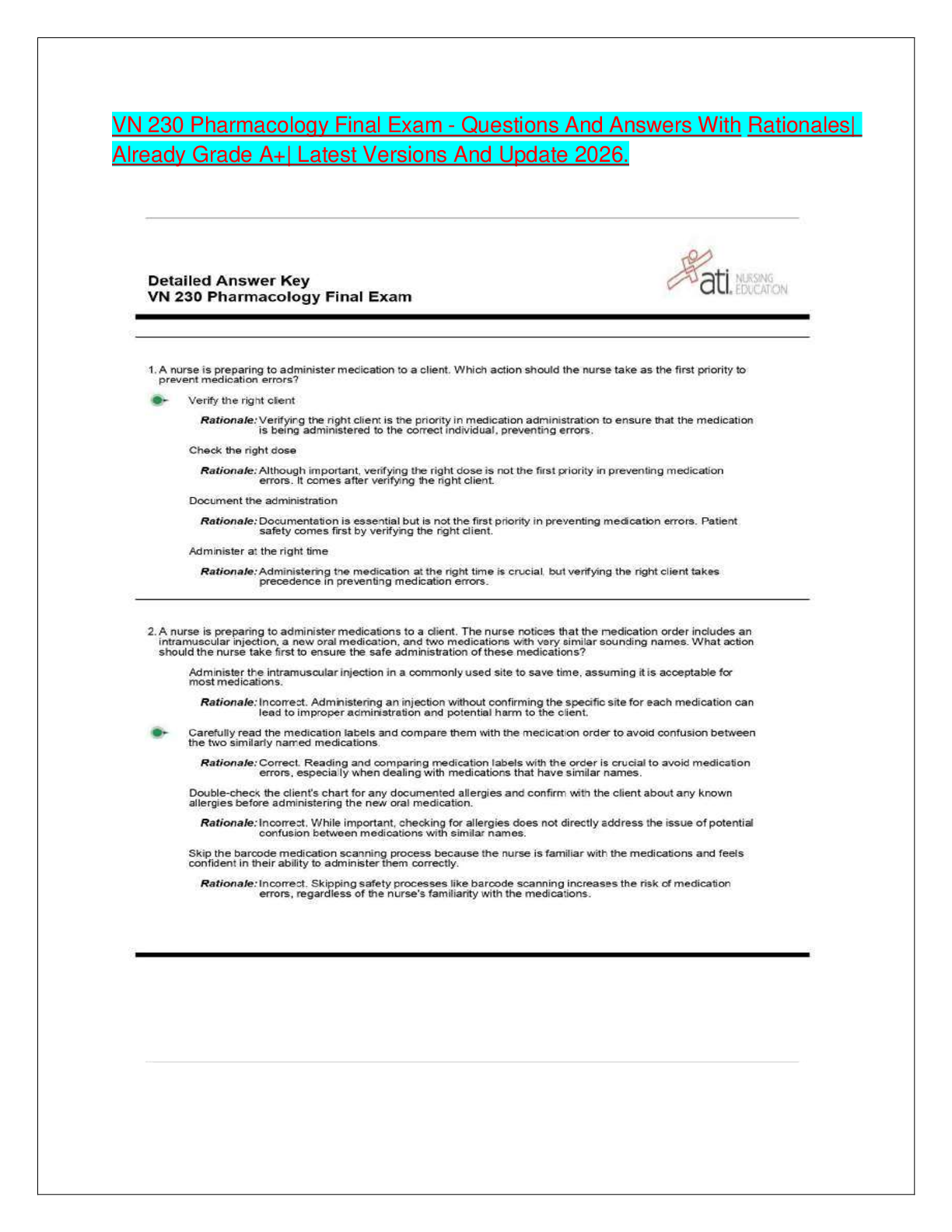 Preview of VN 230 Pharmacology Final Exam - Questions And Answers With Rationales| Already Grade A+| Latest Versions And Update 2026.