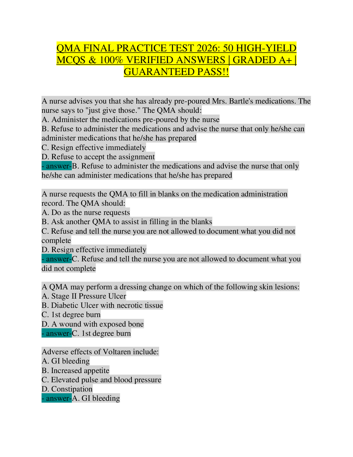 Recommended document preview for QMA Final Practice Test 2026 – 50 High-Yield MCQs & Verified Answers – Clinical Scenarios & G-Tube Management