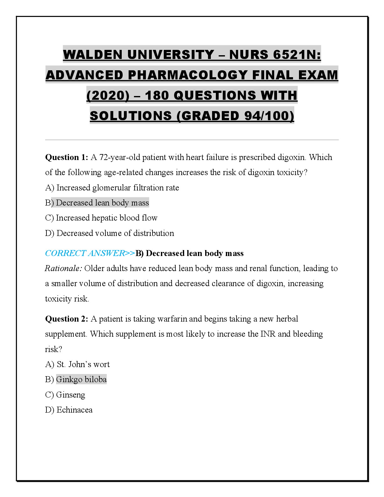 Recommended document preview for WALDEN UNIVERSITY – NURS 6521N:  ADVANCED PHARMACOLOGY FINAL EXAM  (2020) – 180 QUESTIONS WITH  SOLUTIONS (GRADED 94/100)
