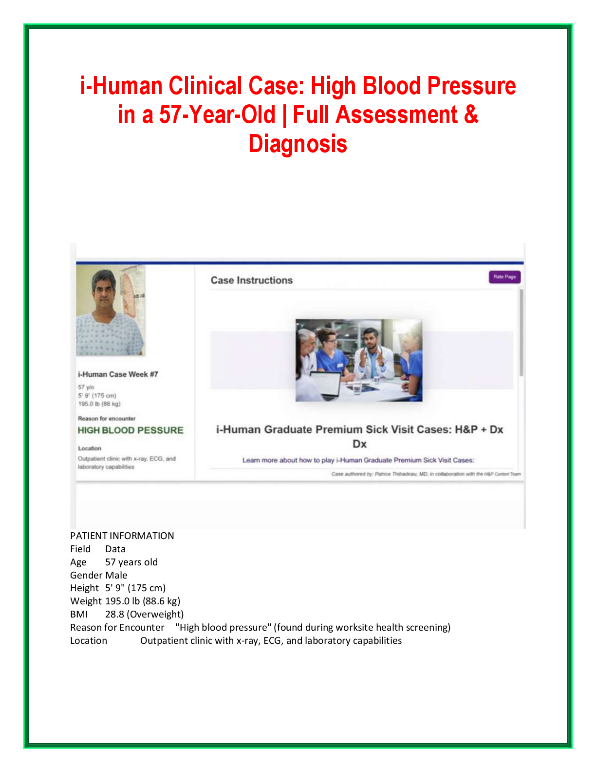 Recommended document preview for i-Human Clinical Case: High Blood Pressure  in a 57-Year-Old | Full Assessment &  Diagnosis