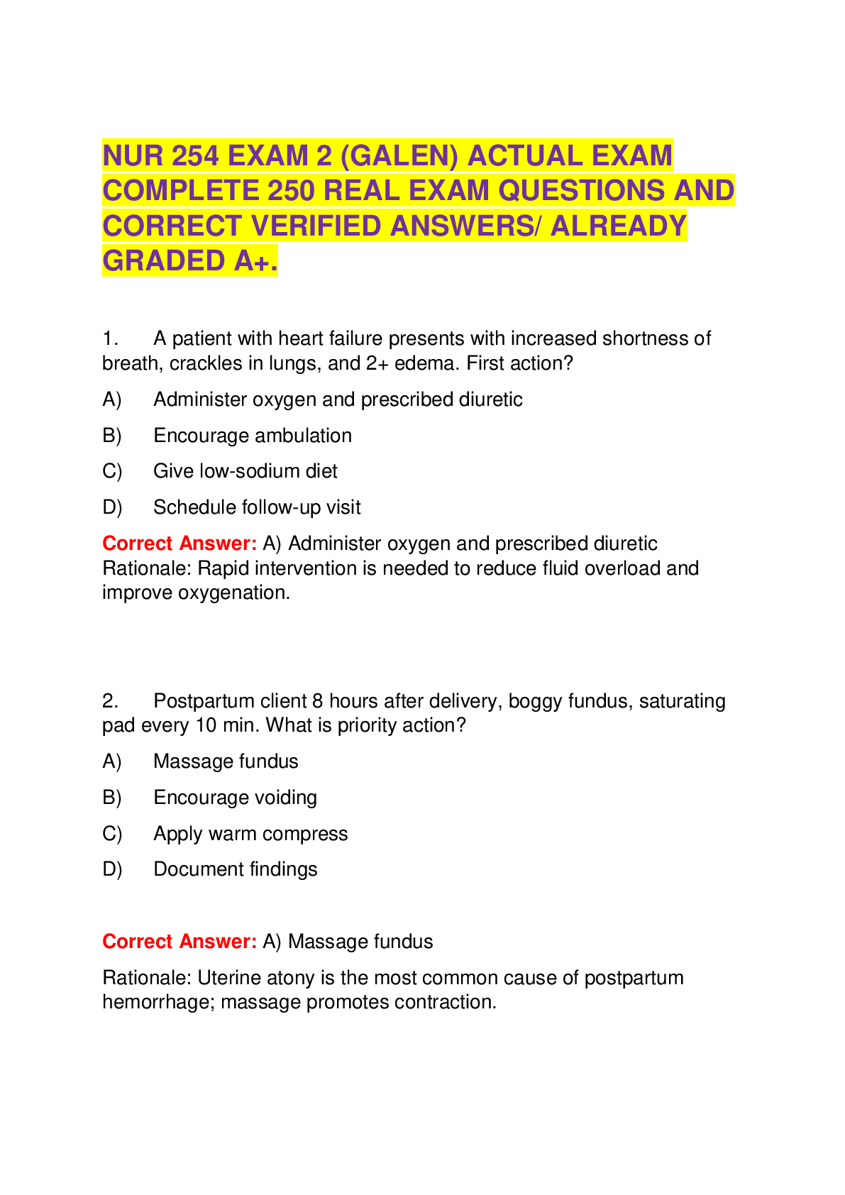 Preview of NUR 254 EXAM 2 (GALEN) ACTUAL EXAM COMPLETE 250 REAL EXAM QUESTIONS AND CORRECT VERIFIED ANSWERS/ ALREADY GRADED A+.