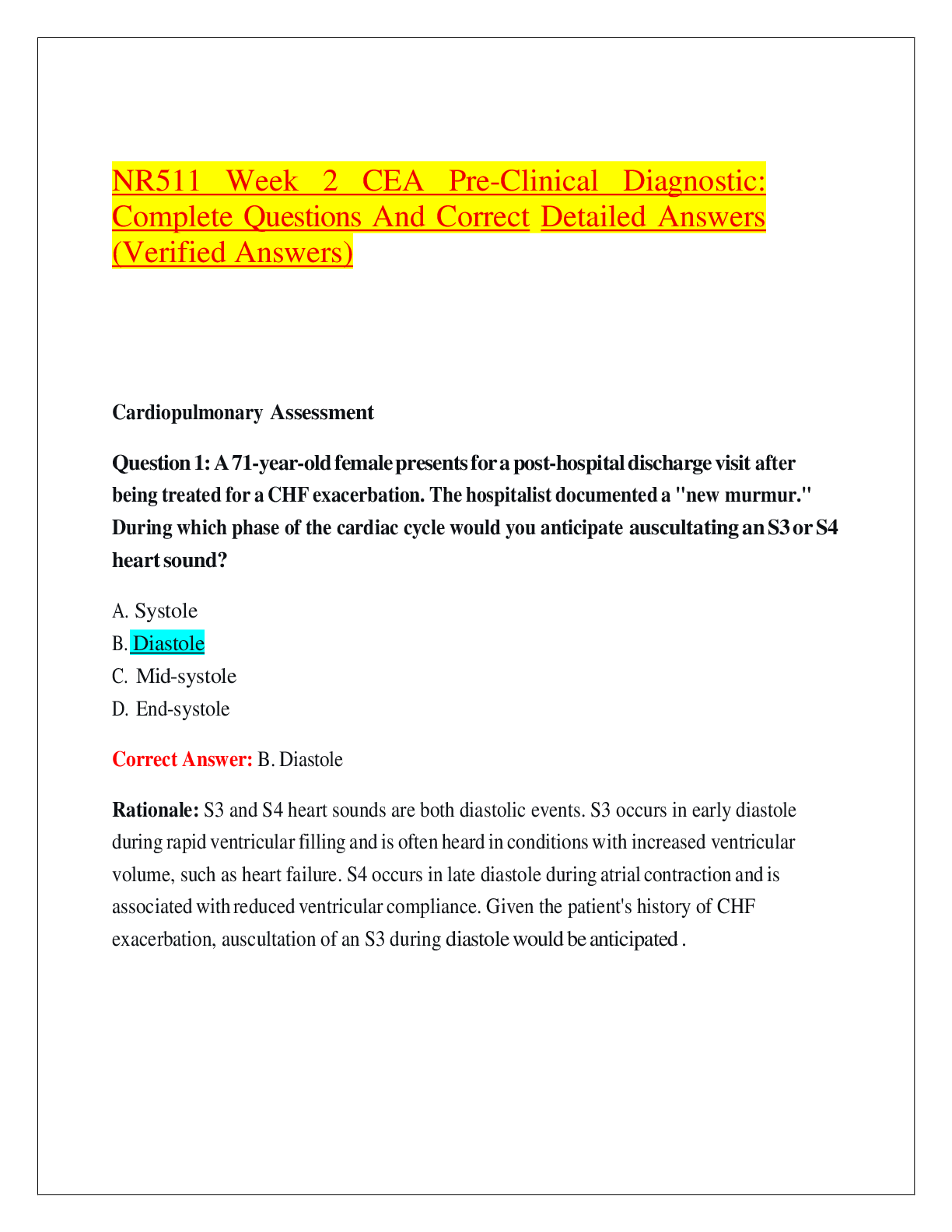 Preview image for NR511 Week 2 CEA Pre-Clinical Diagnostic: Complete Questions And Correct Detailed Answers (Verified Answers)