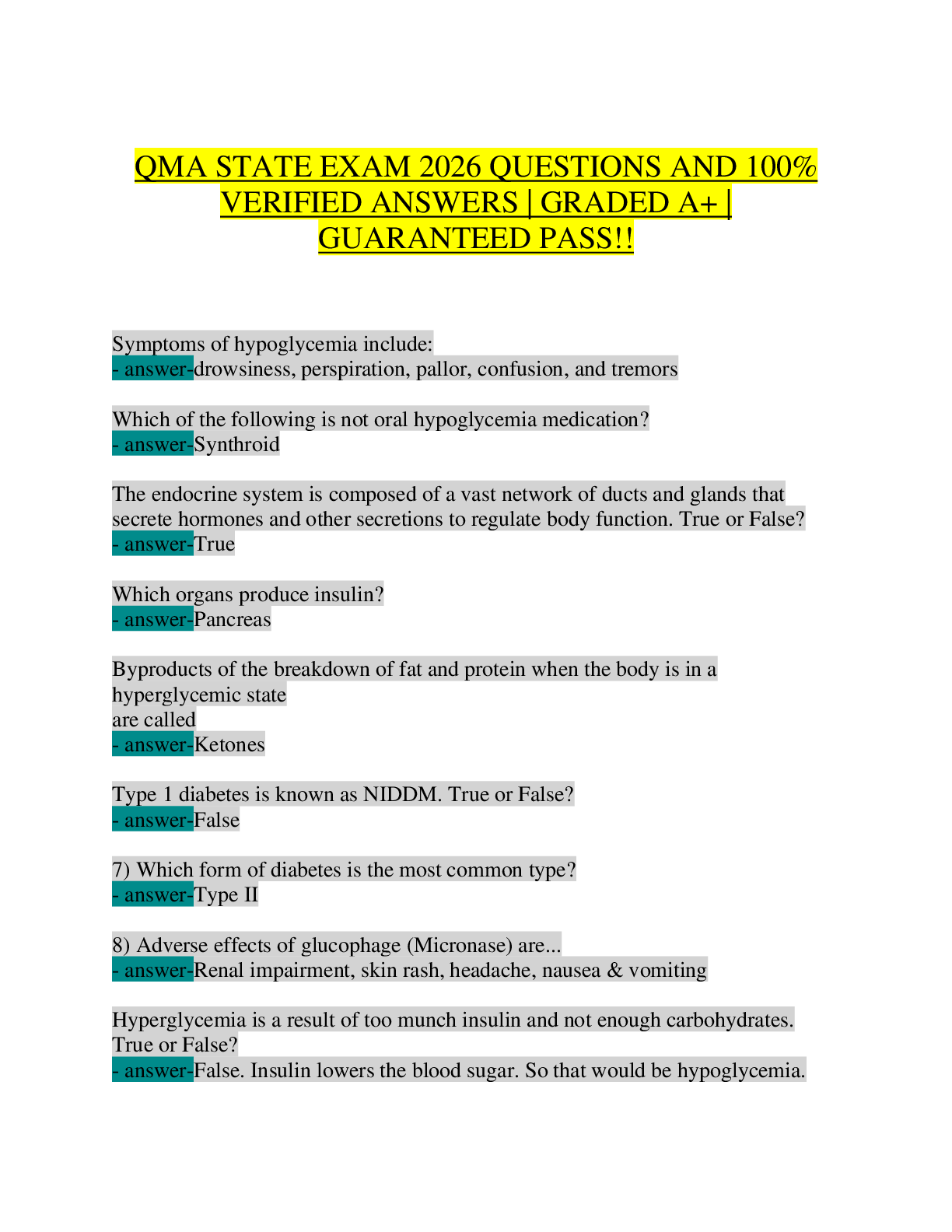 Preview of QMA State Exam 2026 – 200+ Questions & 100% Verified Answers – Drug Classifications, Abbre