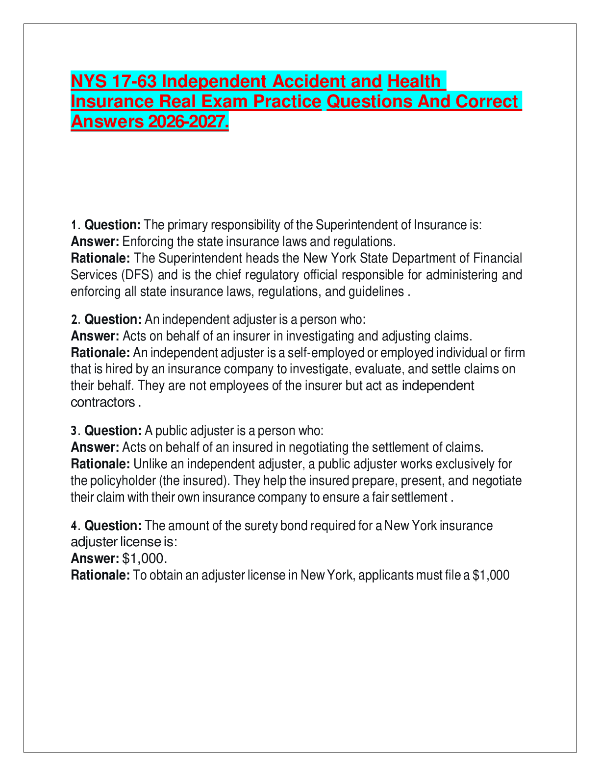 Preview of NYS 17-63 Independent Accident and Health Insurance Real Exam Practice Questions And Correct Answers 2026-2027.