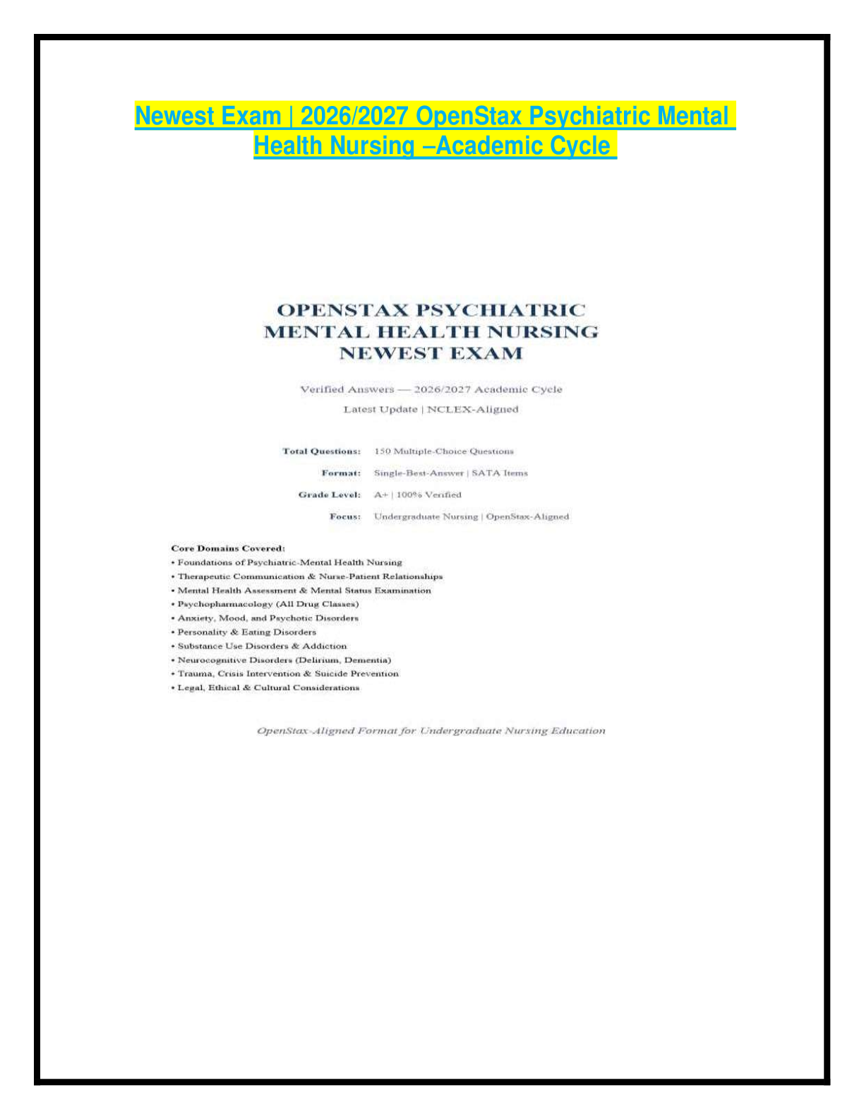 Preview of Newest Exam | 2026/2027 OpenStax Psychiatric Mental Health Nursing –Academic Cycle