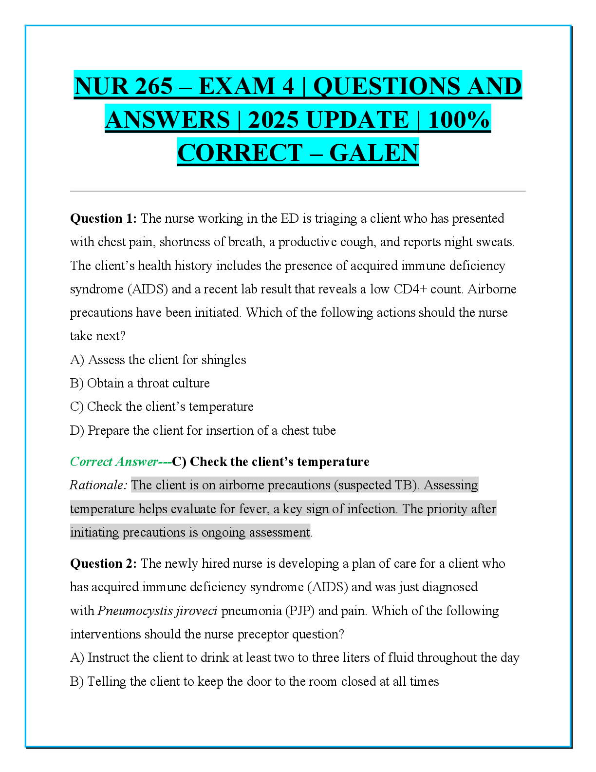 Recommended document preview for NUR 265 – EXAM 4 | QUESTIONS AND ANSWERS | 2025 UPDATE | 100% CORRECT – GALEN