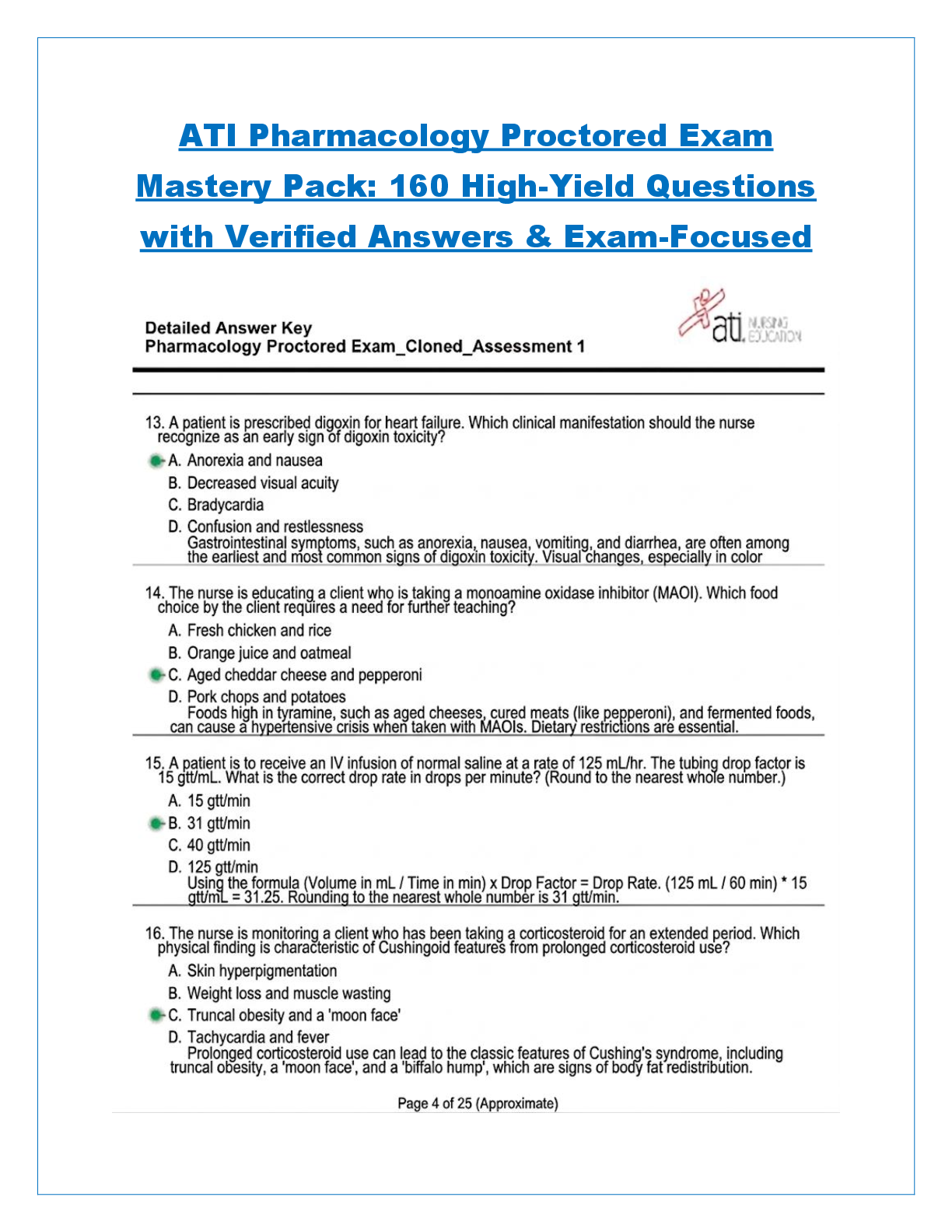 Preview of ATI Pharmacology Proctored Exam  Mastery Pack: 160 High-Yield Questions  with Verified Ans