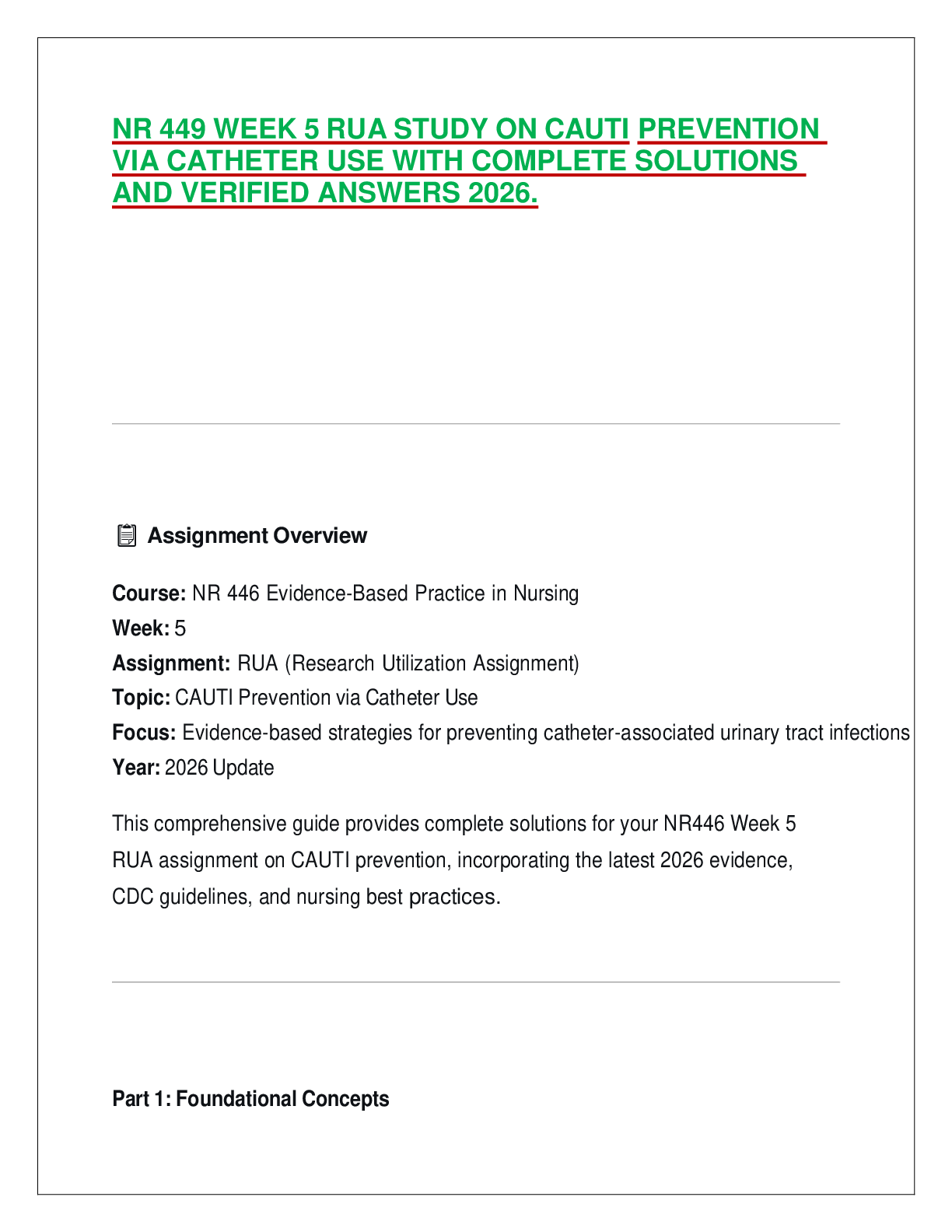Preview image for NR 449 WEEK 5 RUA STUDY ON CAUTI PREVENTION VIA CATHETER USE WITH COMPLETE SOLUTIONS AND VERIFIED ANSWERS 2026.