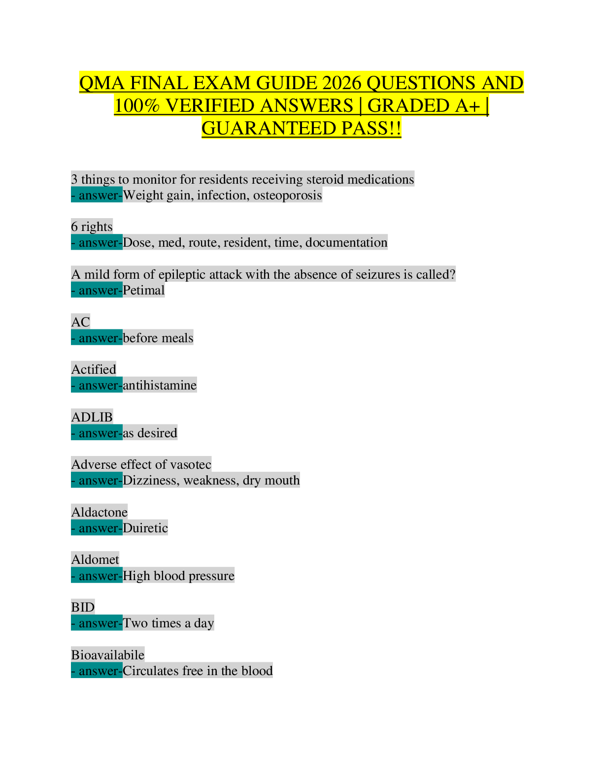 Recommended document preview for QMA Final Exam Guide 2026 – 100+ Questions & Answers – Abbreviations, Drug Classes, Adverse Effects