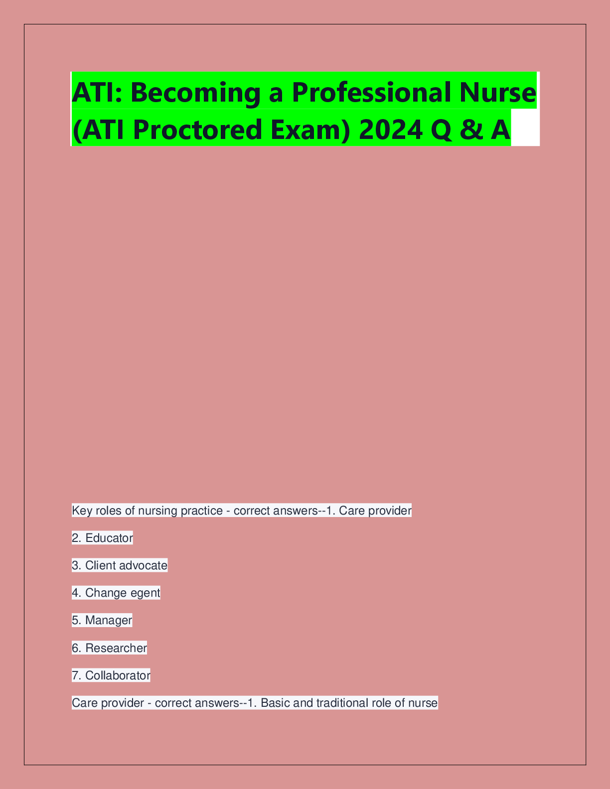 Recommended document preview for ATI: Becoming a Professional Nurse  (ATI Proctored Exam) 2024 Q & A