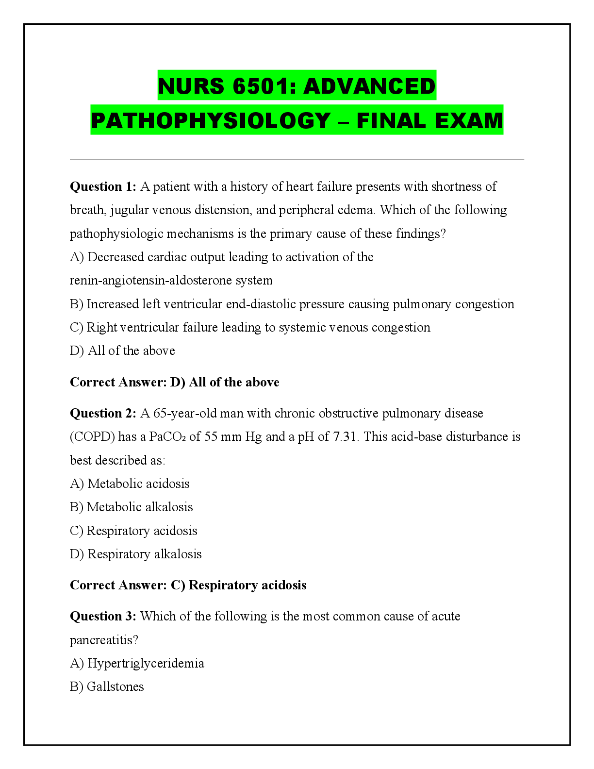 Recommended document preview for NURS 6501: ADVANCED  PATHOPHYSIOLOGY – FINAL EXAM