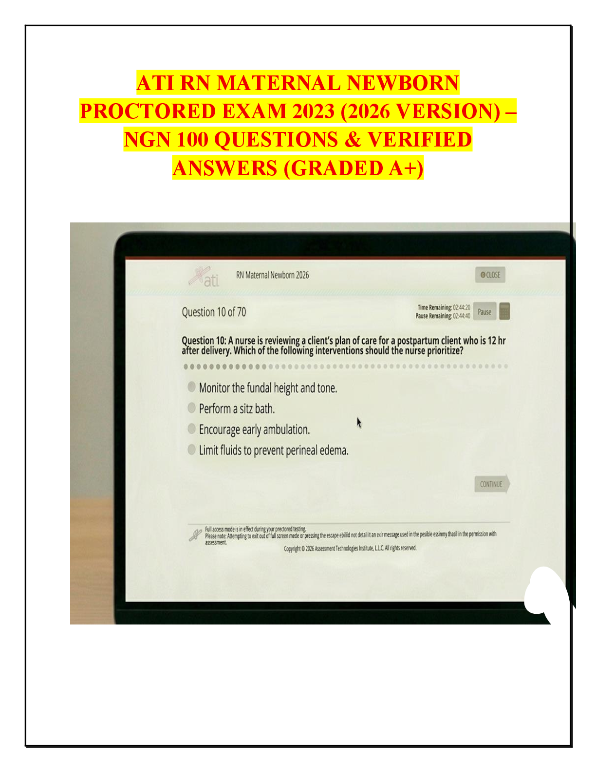 Recommended document preview for RN MATERNAL NEWBORN  PROCTORED EXAM 2023 (2026 VERSION) –  NGN 100 QUESTIONS & VERIFIED  ANSWERS (GRADED A+)