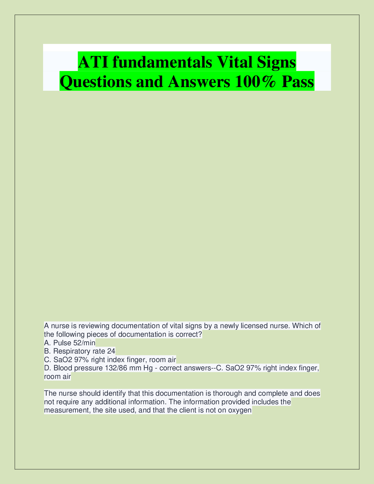 Recommended document preview for ATI fundamentals Vital Signs  Questions and Answers 100% Pass