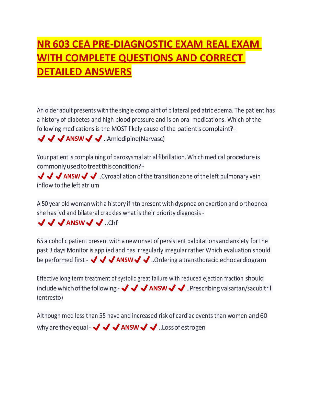Preview image for NR 603 CEA PRE-DIAGNOSTIC EXAM REAL EXAM WITH COMPLETE QUESTIONS AND CORRECT DETAILED ANSWERS