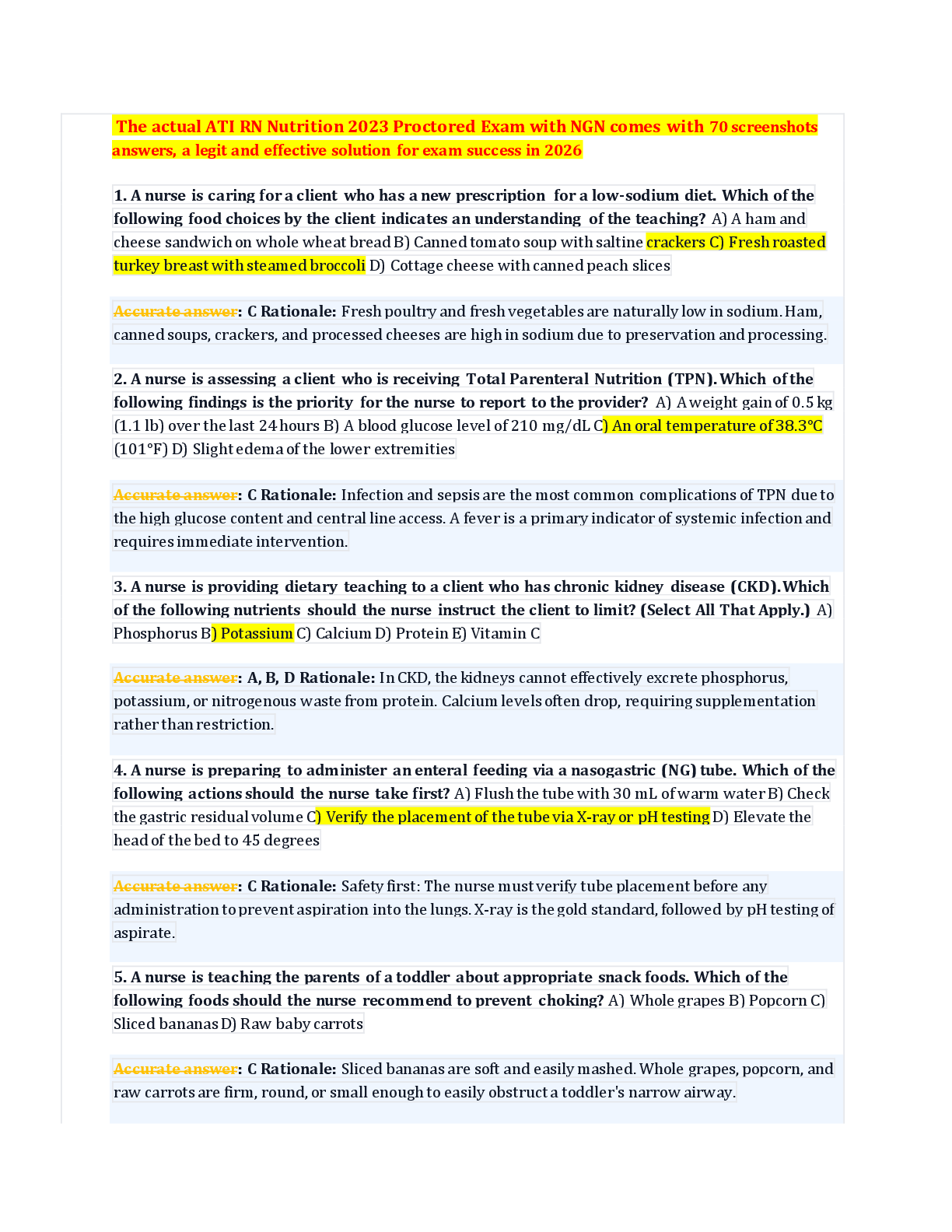 Recommended document preview for The actual ATI RN Nutrition 2023 Proctored Exam with NGN comes with 70 screenshots  answers, a legit and effective solution for exam success in 2026