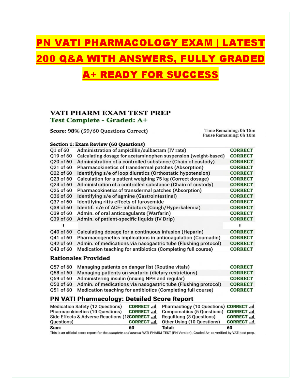 Recommended document preview for PN VATI PHARMACOLOGY EXAM | LATEST  200 Q&A WITH ANSWERS, FULLY GRADED  A+ READY FOR SUCCESS