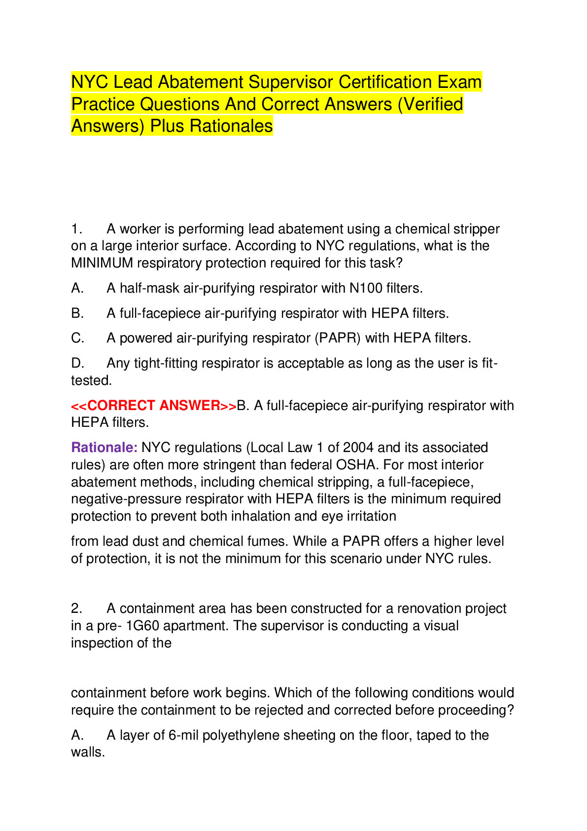 Preview of NYC Lead Abatement Supervisor Certification Exam Practice Questions And Correct Answers (Verified Answers) Plus Rationales