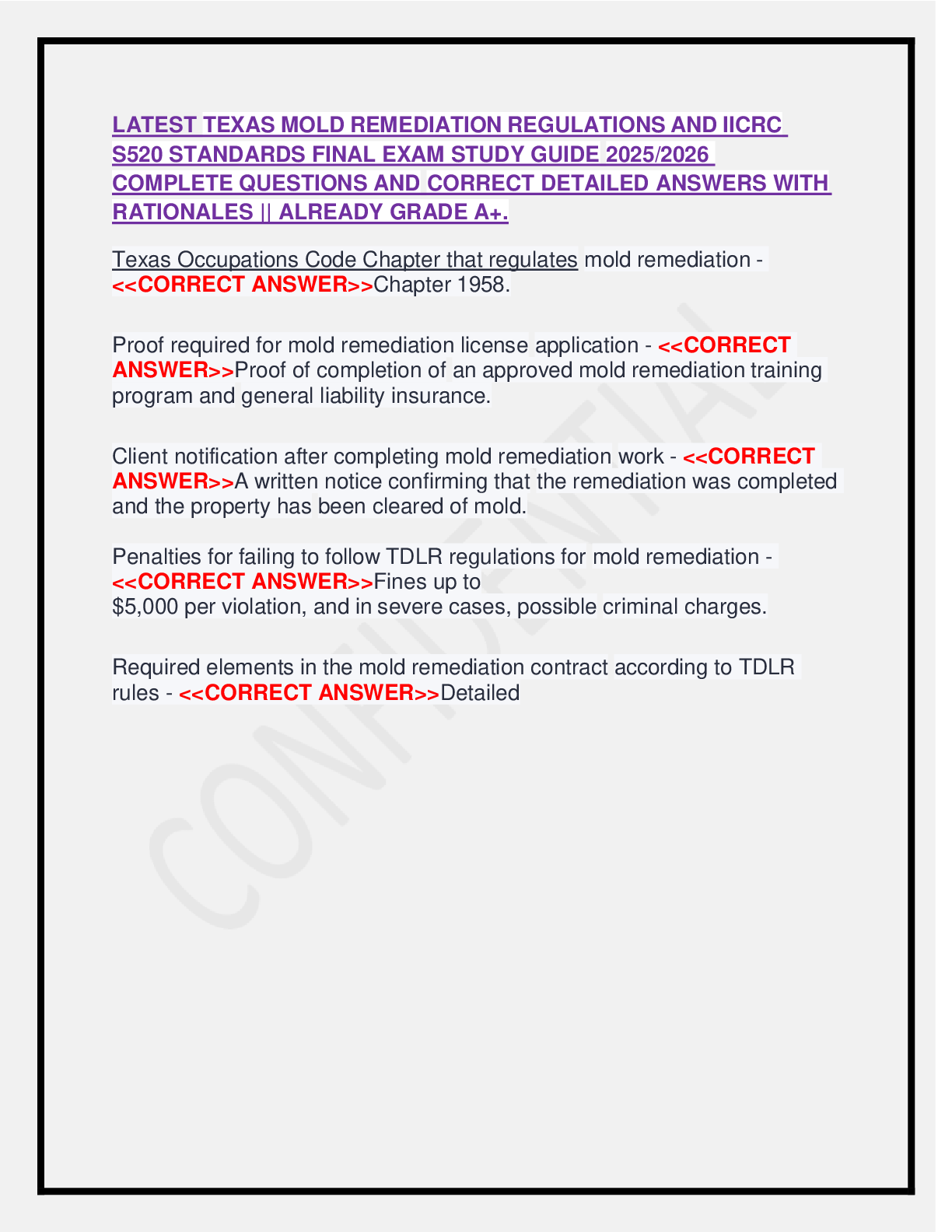 Preview of LATEST TEXAS MOLD REMEDIATION REGULATIONS AND IICRC S520 STANDARDS FINAL EXAM STUDY GUIDE 2025/2026 COMPLETE QUESTIONS AND CORRECT DETAILED ANSWERS WITH RATIONALES || ALREADY GRADE A+.