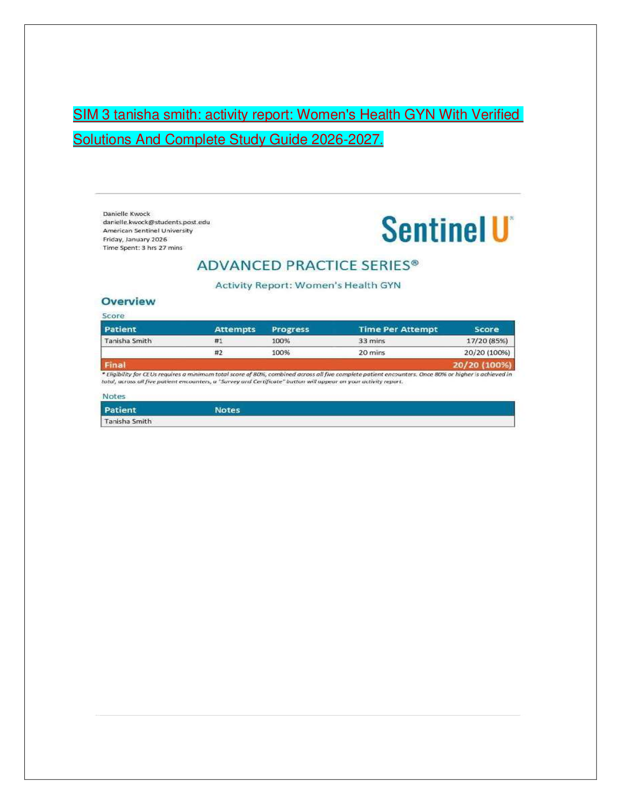 Recommended document preview for SIM 3 tanisha smith: activity report: Women's Health GYN With Verified Solutions And Complete Study Guide 2026-2027.
