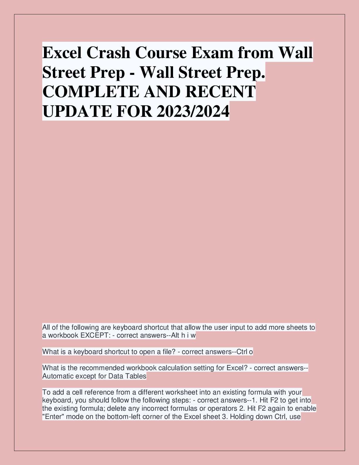 Recommended document preview for Excel Crash Course Exam from Wall  Street Prep - Wall Street Prep.  COMPLETE AND RECENT  UPDATE FOR 2023/2024