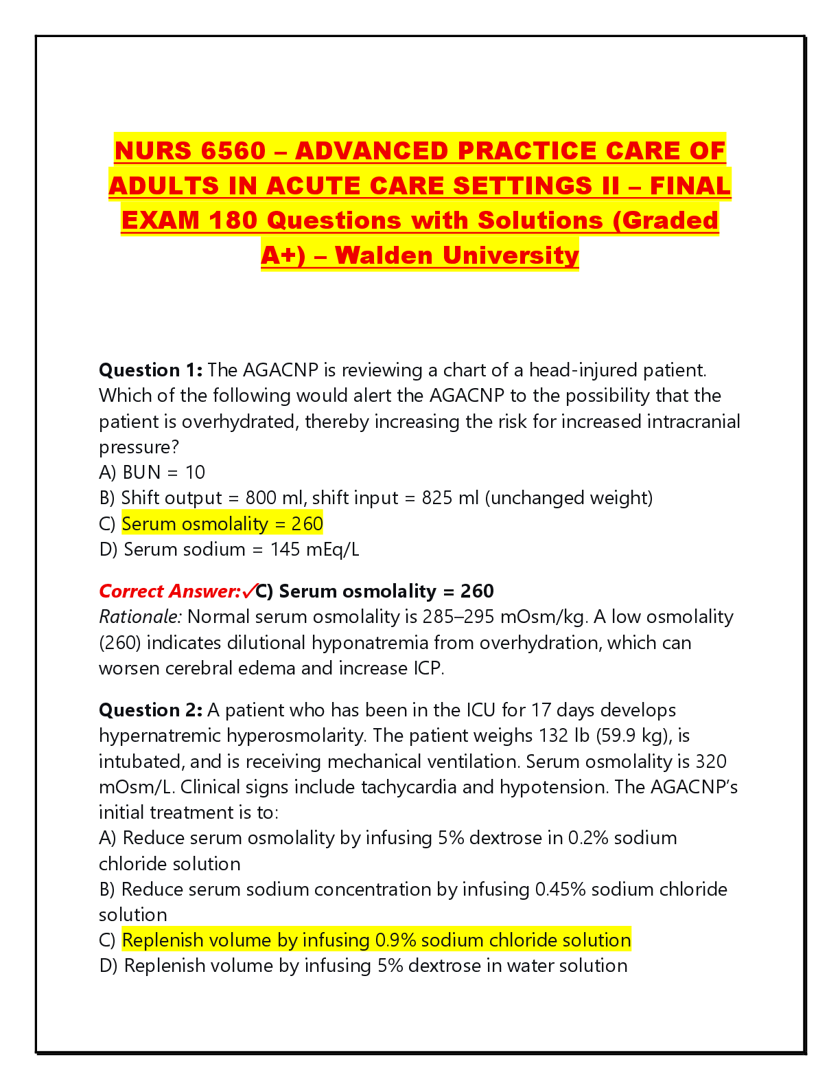 Recommended document preview for NURS 6560 – ADVANCED PRACTICE CARE OF  ADULTS IN ACUTE CARE SETTINGS II – FINAL  EXAM 180 Questions with Solutions (Graded  A+) – Walden University