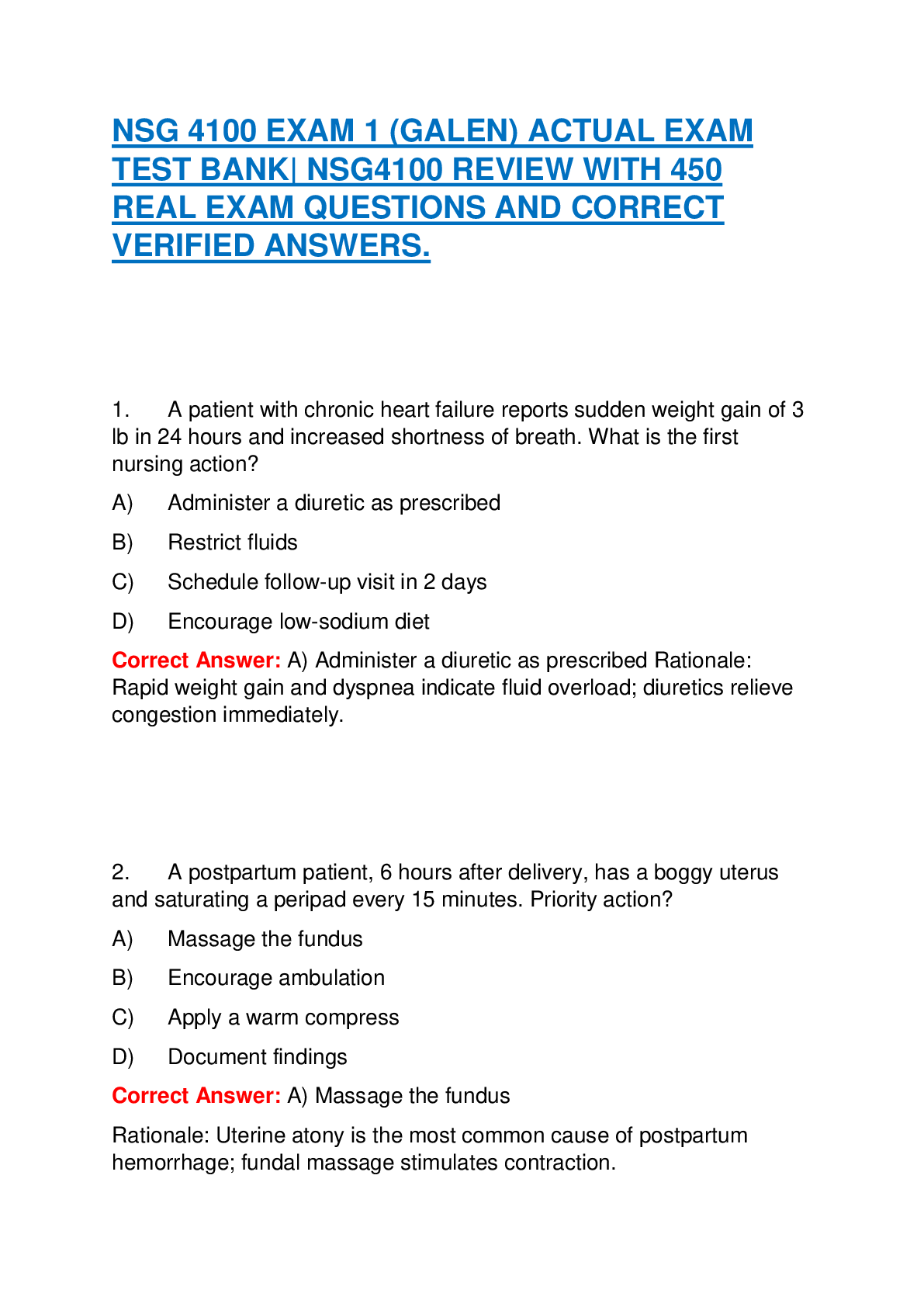 Recommended document preview for NSG 4100 EXAM 1 (GALEN) ACTUAL EXAM TEST BANK| NSG4100 REVIEW WITH 450 REAL EXAM QUESTIONS AND CORRECT VERIFIED ANSWERS.