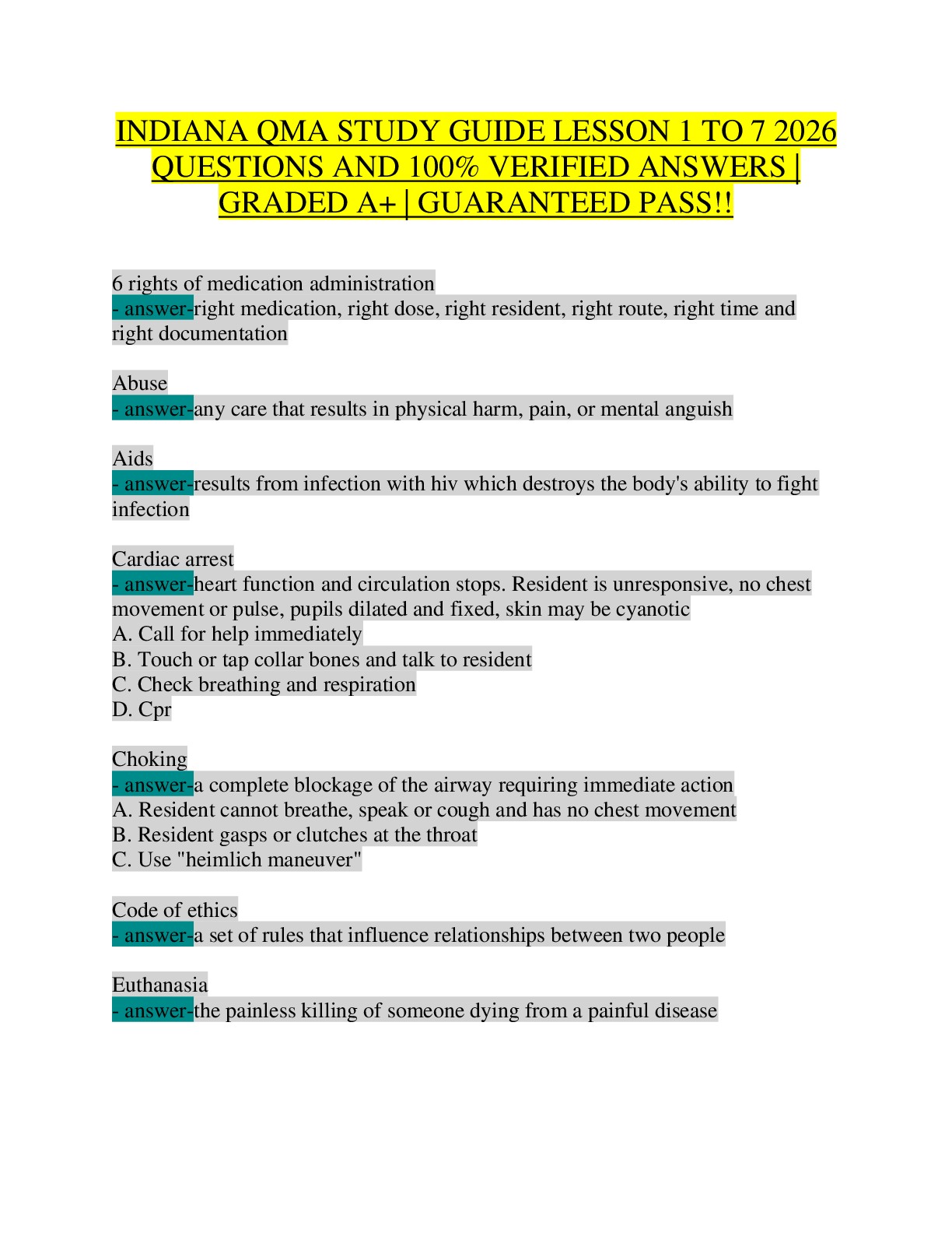 Recommended document preview for Indiana QMA Study Guide Lessons 1-7 2026 – 100+ Q&A – Scope of Practice, Resident Rights, Emergencies