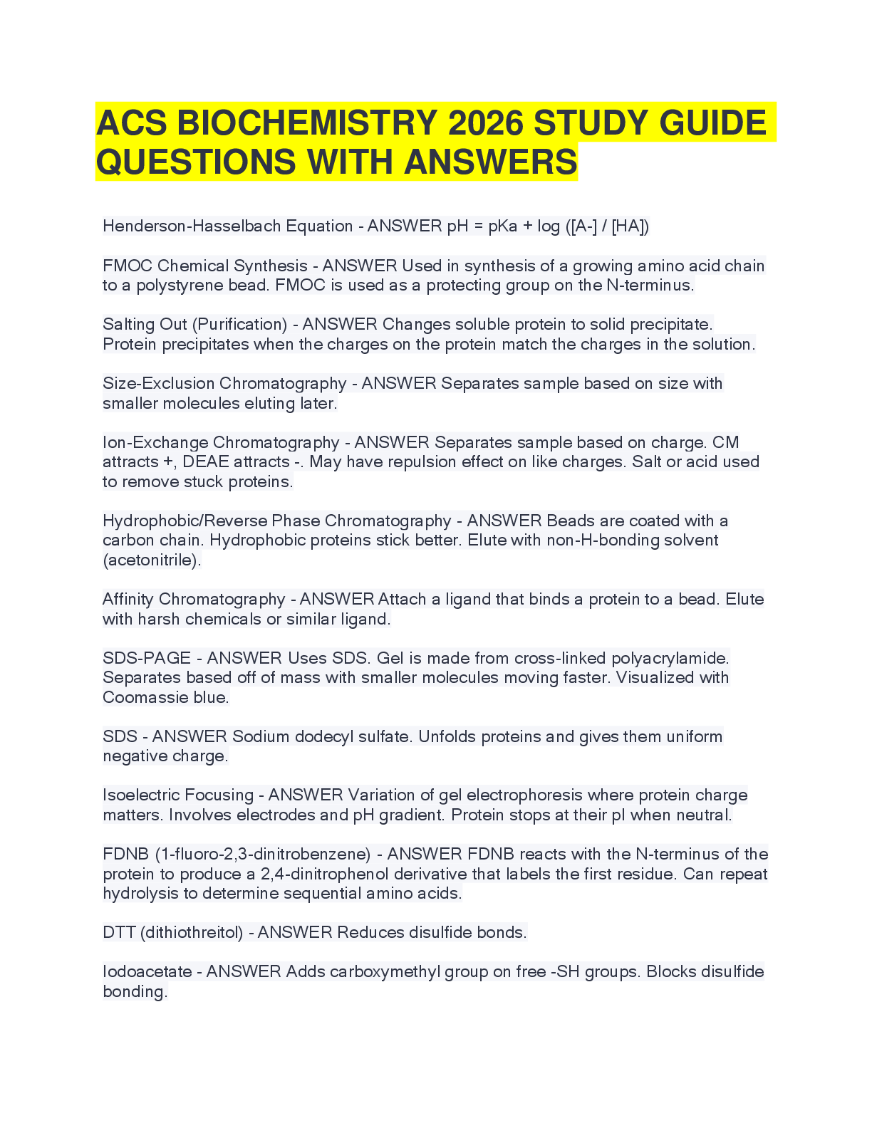 Recommended document preview for ACS BIOCHEMISTRY 2026 STUDY GUIDE QUESTIONS WITH ANSWERS
