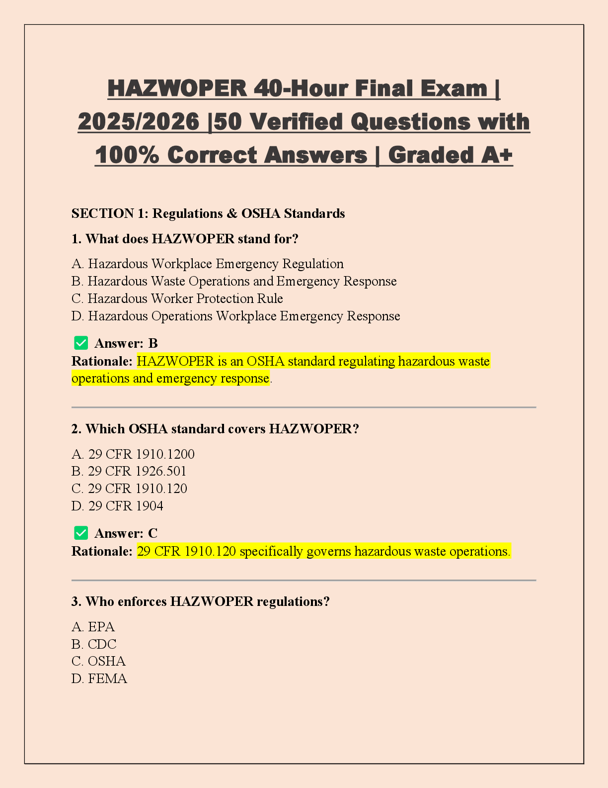Recommended document preview for HAZWOPER 40-Hour Final Exam |  2025/2026 |50 Verified Questions with  100% Correct Answers | Graded A+