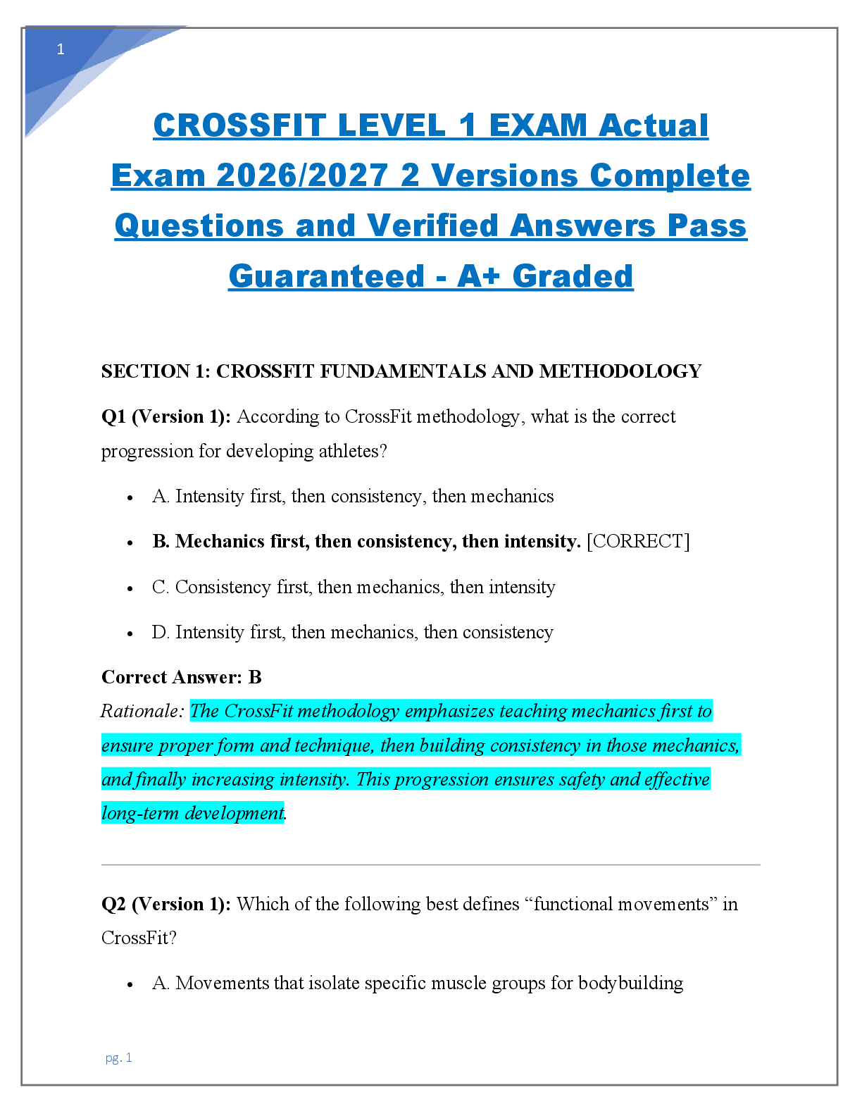 Recommended document preview for CROSSFIT LEVEL 1 EXAM Actual  Exam 2026/2027 2 Versions Complete  Questions and Verified Answers Pass  Guaranteed - A+ Graded