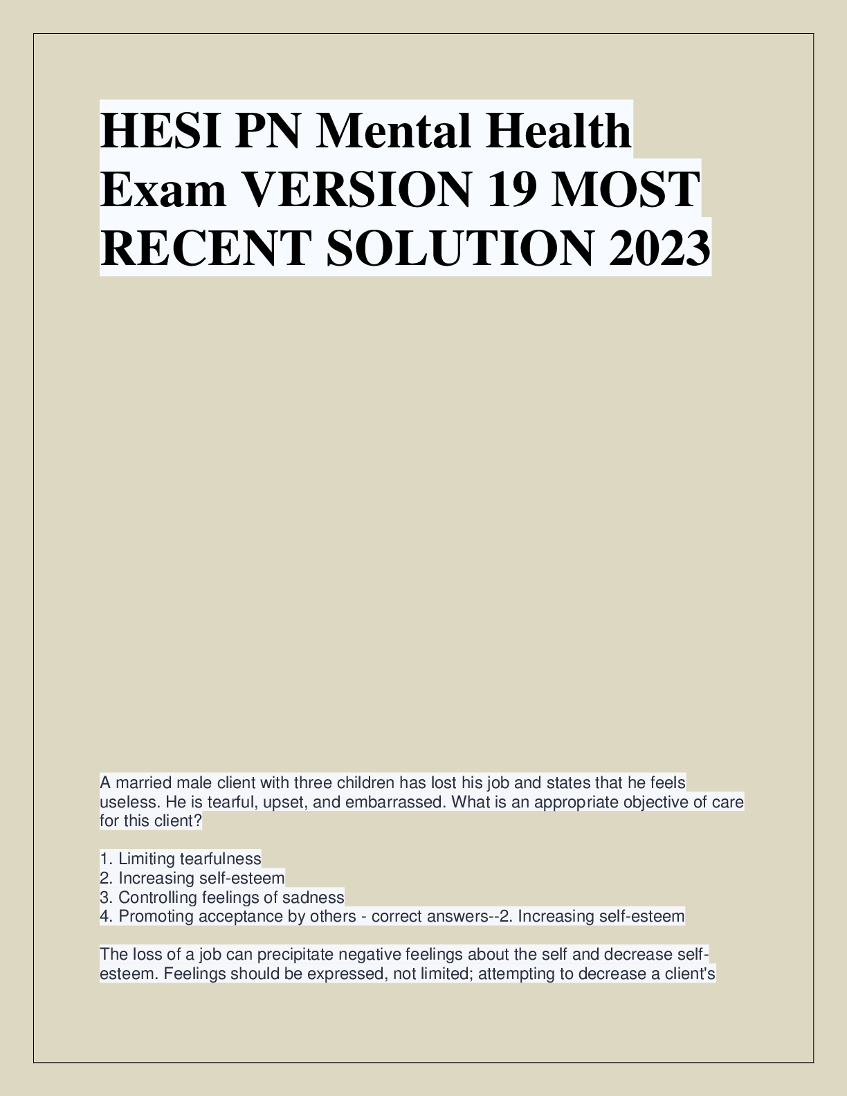 Recommended document preview for HESI PN Mental Health  Exam VERSION 19 MOST  RECENT SOLUTION 2023
