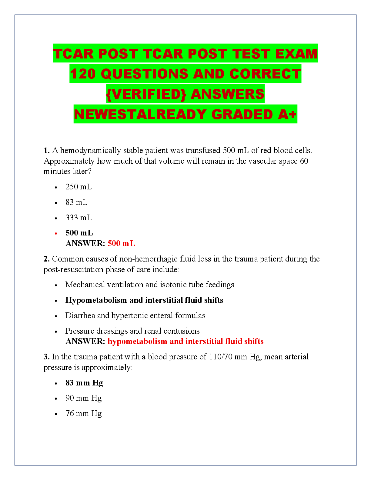 Recommended document preview for TCAR POST TCAR POST TEST EXAM 120 QUESTIONS AND CORRECT {VERIFIED} ANSWERS NEWESTALREADY GRADED A+