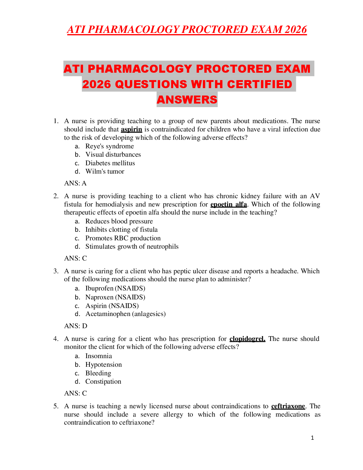 Recommended document preview for ATI PHARMACOLOGY PROCTORED EXAM 2026 QUESTIONS WITH CERTIFIED ANSWERS