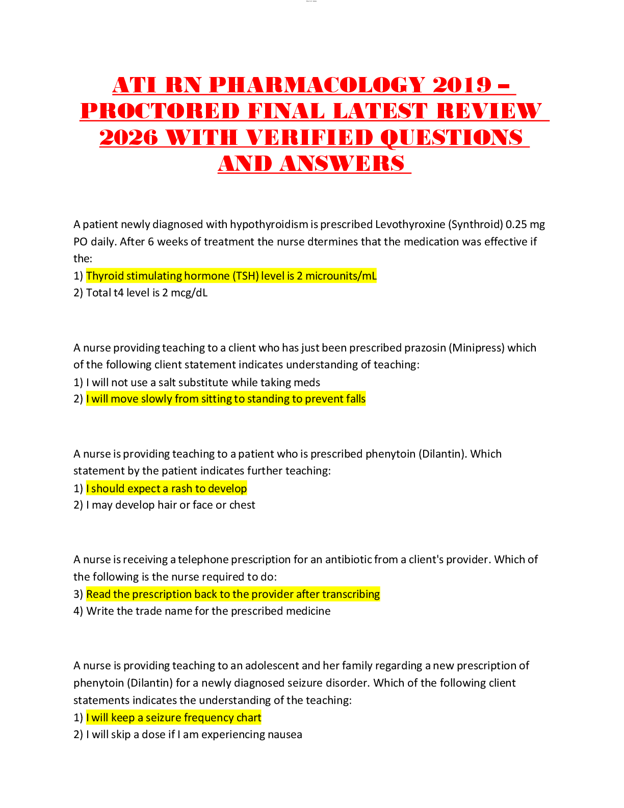 Preview of ATI RN PHARMACOLOGY 2019 – PROCTORED FINAL LATEST REVIEW 2026 WITH VERIFIED QUESTIONS AND