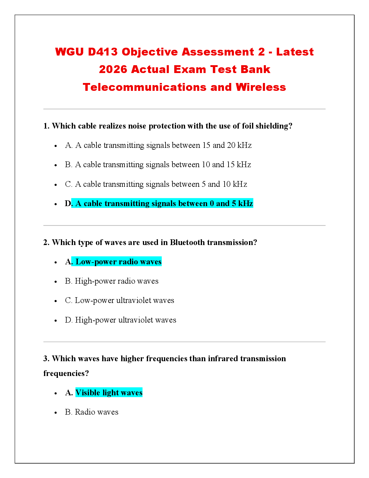 Recommended document preview for WGU D413 Objective Assessment 2 - Latest  2026 Actual Exam Test Bank  Telecommunications and Wireless