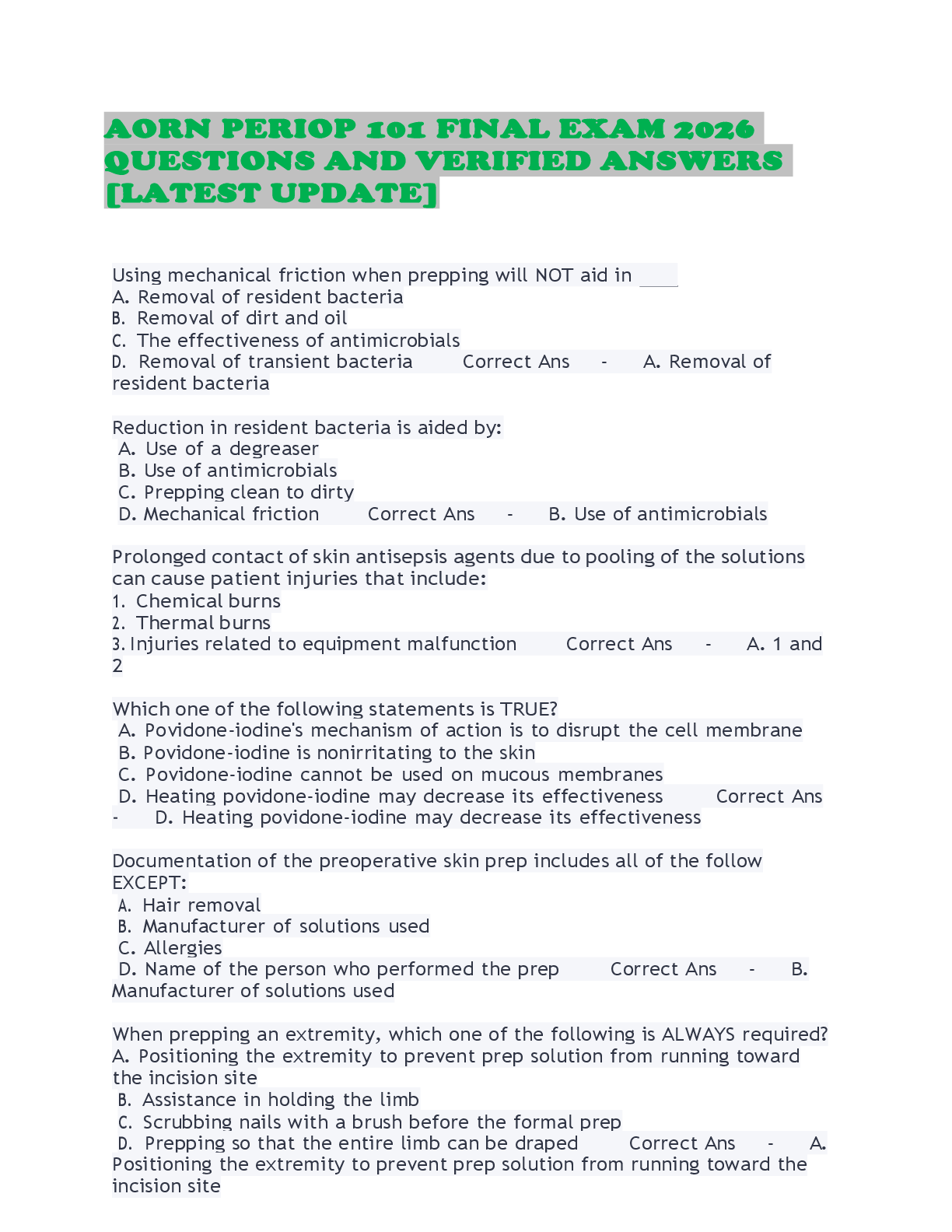 Recommended document preview for AORN PERIOP 101 FINAL EXAM 2026 QUESTIONS AND VERIFIED ANSWERS [LATEST UPDATE]