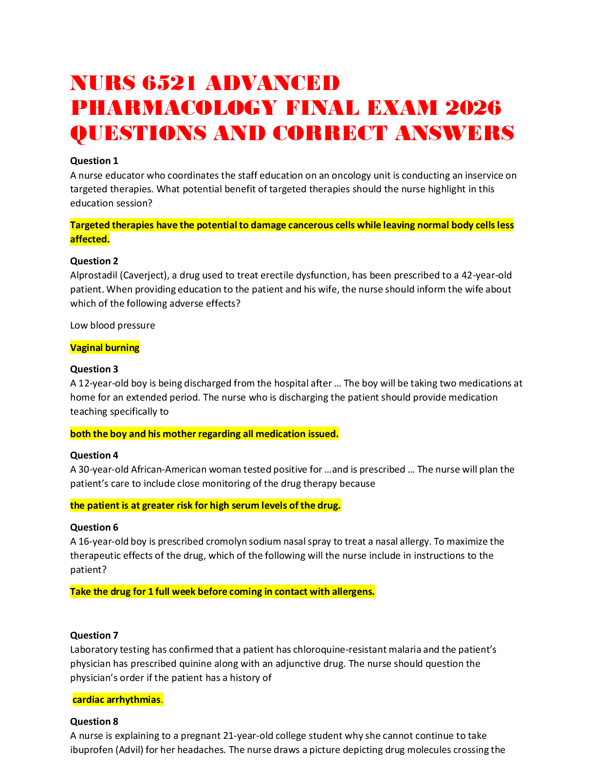 NURS 6521 ADVANCED PHARMACOLOGY FINAL EXAM 2026 QUESTIONS AND CORRECT ANSWERS