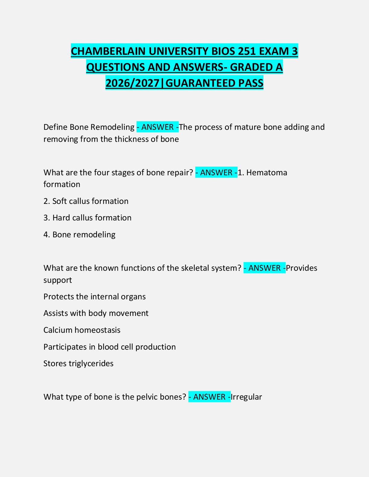 Recommended document preview for CHAMBERLAIN UNIVERSITY BIOS 251 EXAM 3  QUESTIONS AND ANSWERS- GRADED A  2026/2027|GUARANTEED PASS