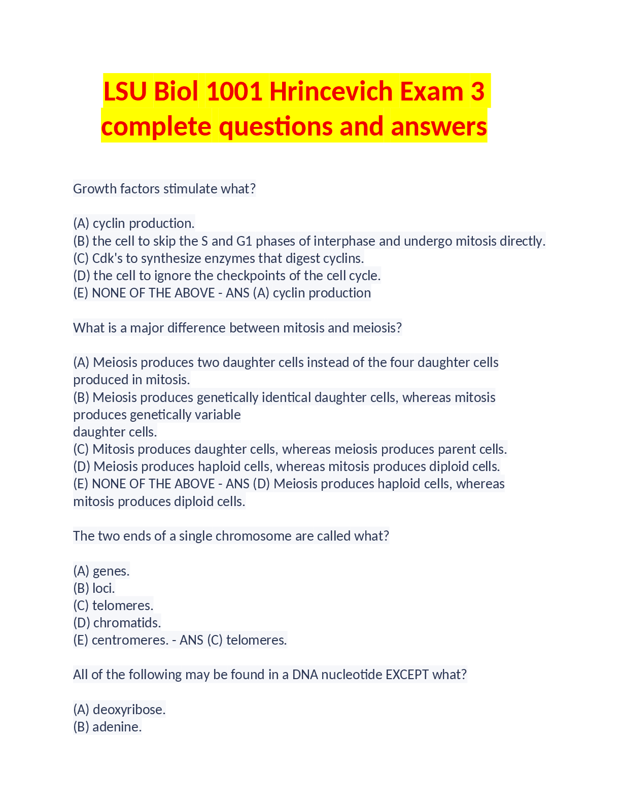Recommended document preview for LSU Biol 1001 Hrincevich Exam 3  complete questions and answers