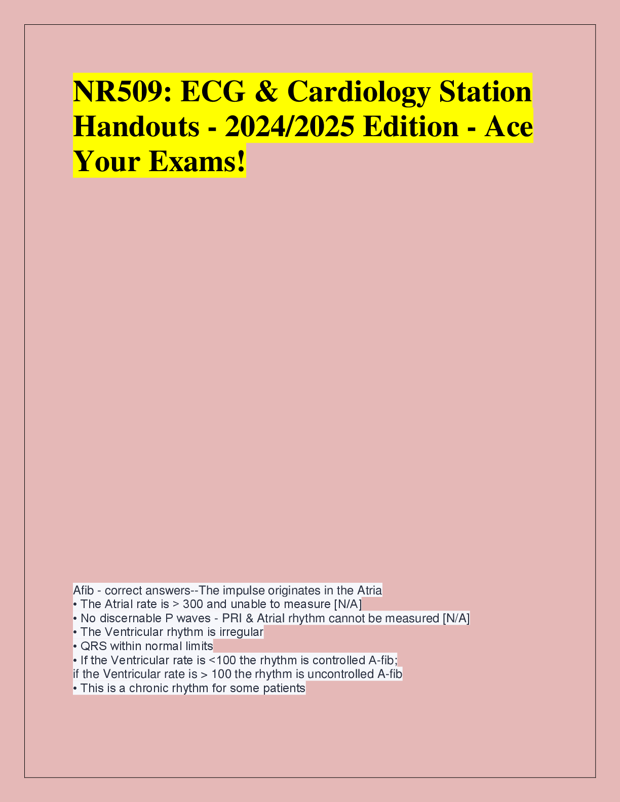 Recommended document preview for NR509: ECG & Cardiology Station  Handouts - 2024/2025 Edition - Ace  Your Exams!